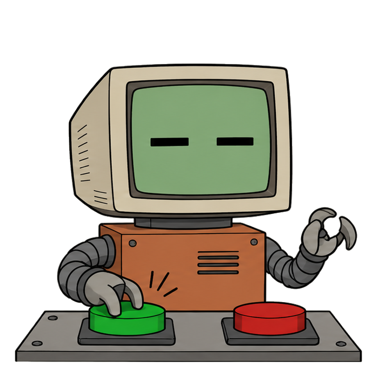 Beep Boop, the robot character from Market Resolve, at his buy and sell buttons.